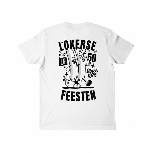 White t-shirt with black graphic design and text on a white background