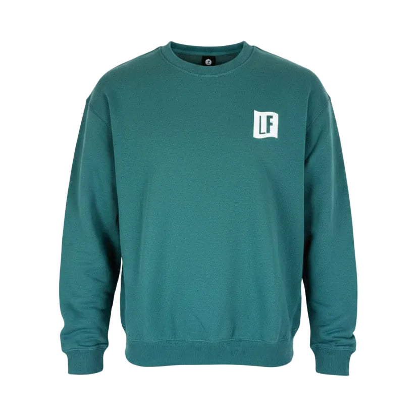 Teal sweatshirt with a logo on the chest against a white background
