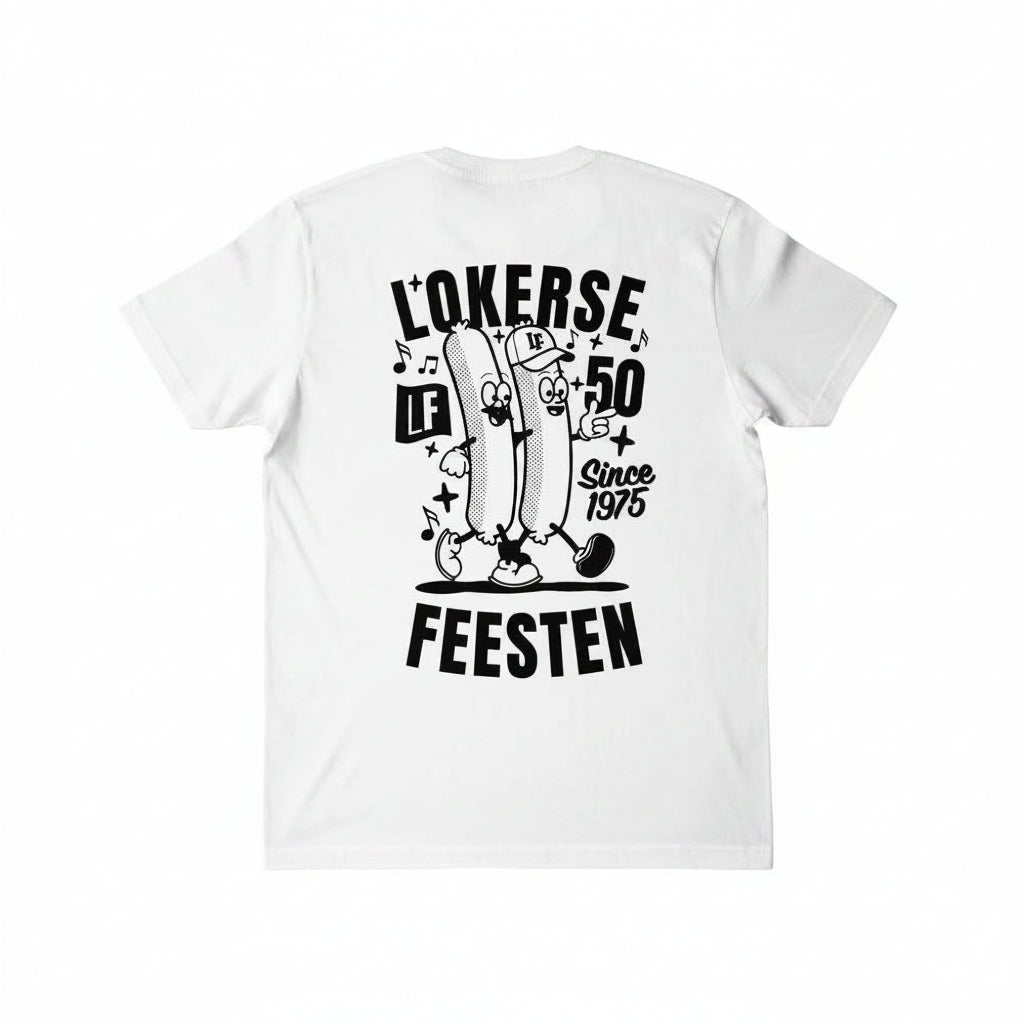 White t-shirt with black graphic design and text on a white background