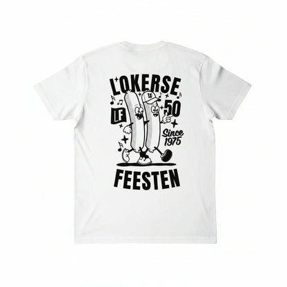 White t-shirt with black graphic design and text on a white background