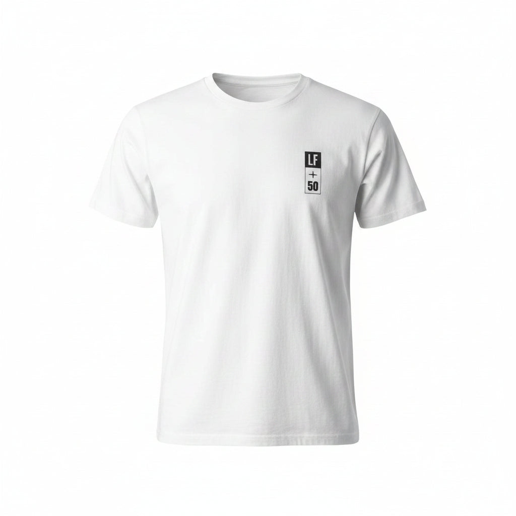 White t-shirt with a small black logo on a white background