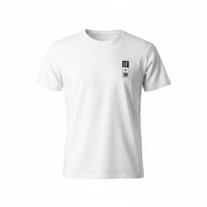 White t-shirt with a small black logo on a white background