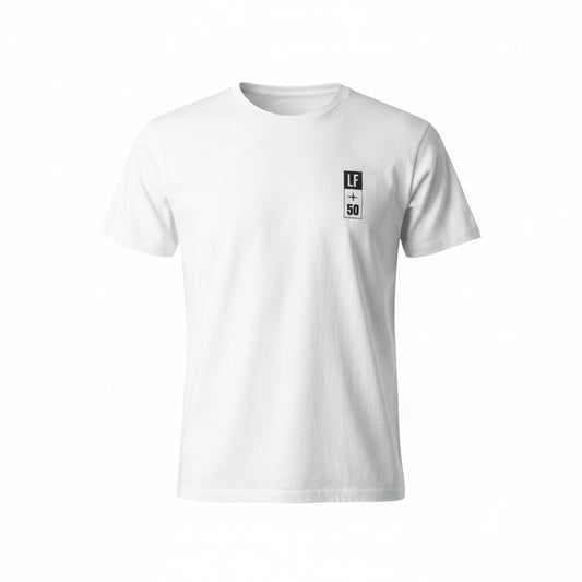 White t-shirt with a small black logo on a white background