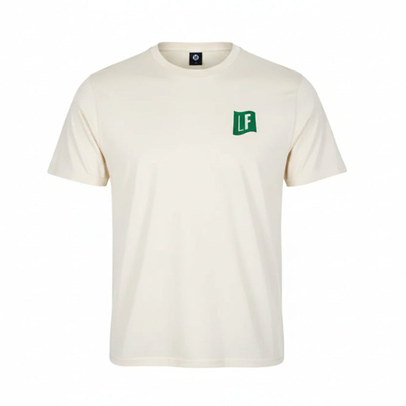 White t-shirt with a green and black logo on a white background